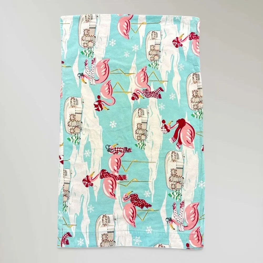 Nick & Nora Airstream Flamingo Twin Flannel Flat Sheet & Pillowcase Christmas